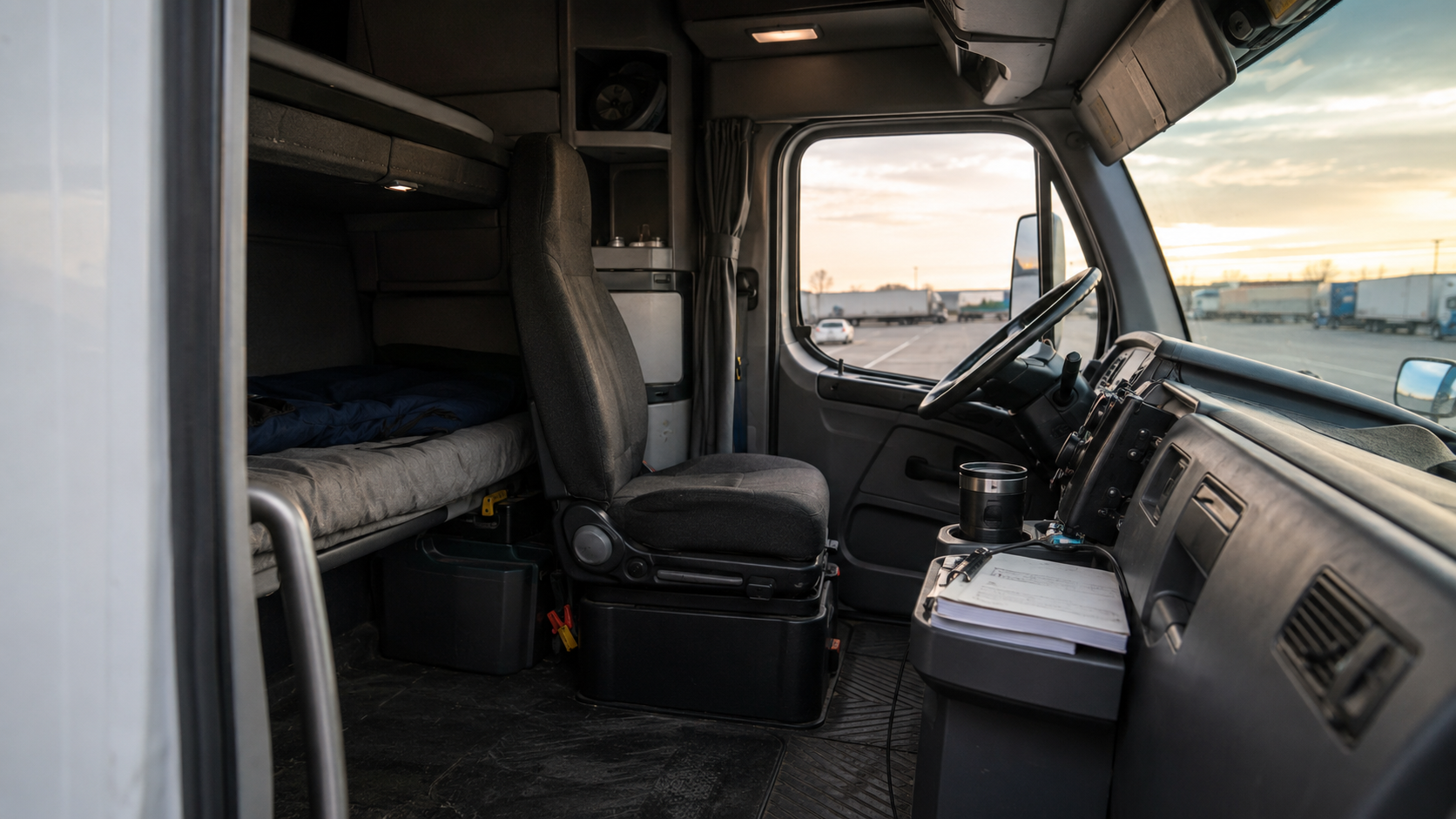 Neatly made bed inside a modern semi-truck sleeper cab at night