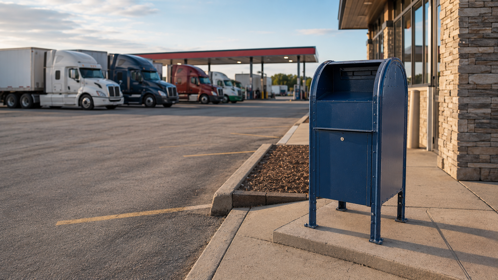 Blue USPS mailbox outside a truck stop with semi trucks parked in the background
